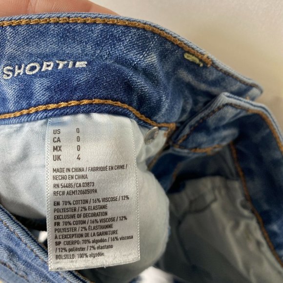 American Eagle Distressed Shortie Stretch Jean Shorts AEO Denim Cutoffs  Size 0 - Picture 7 of 8